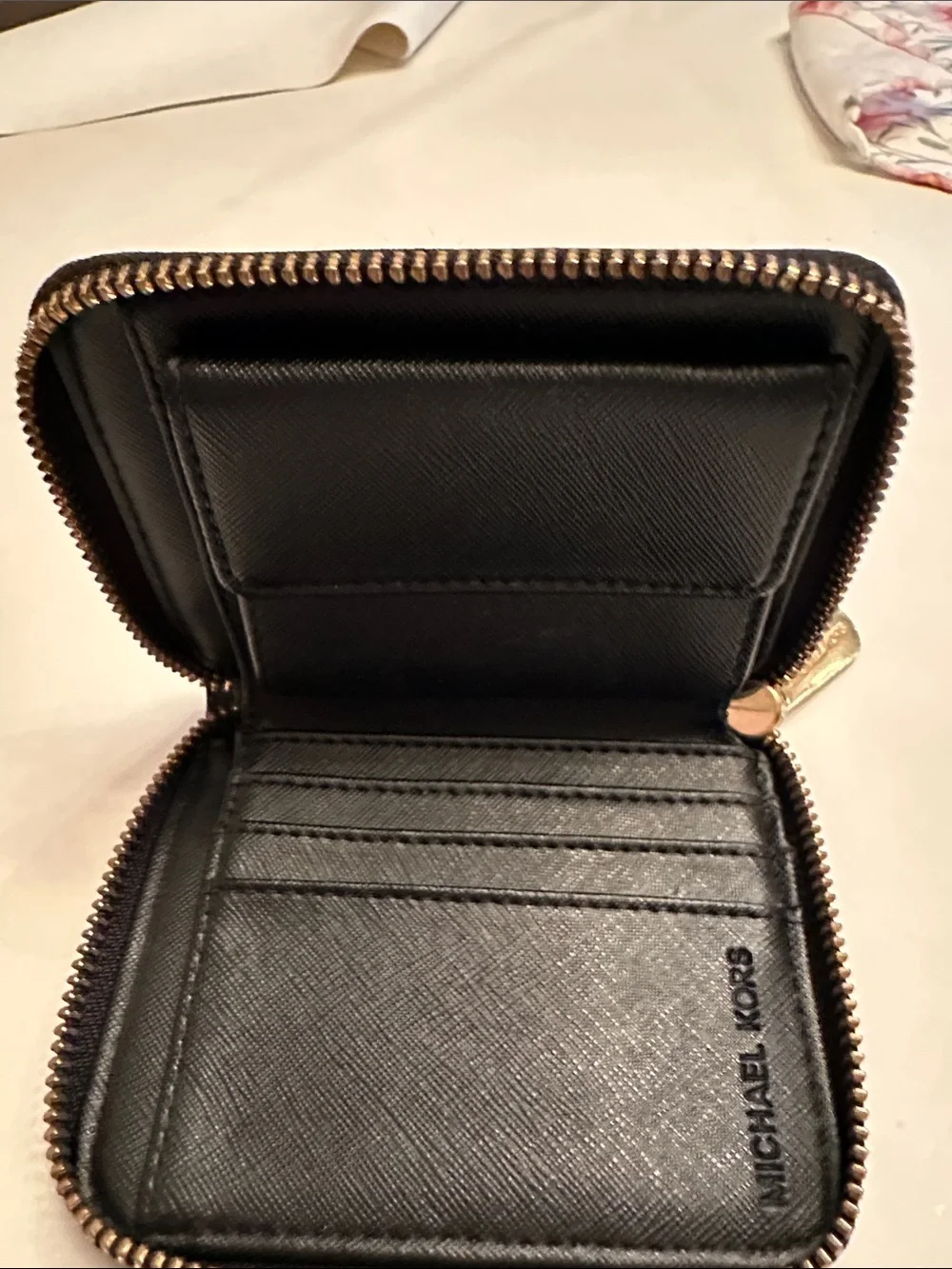 Michael Kors Black Patent Logo Zip-Around Coin Wallet with Gold Plaque